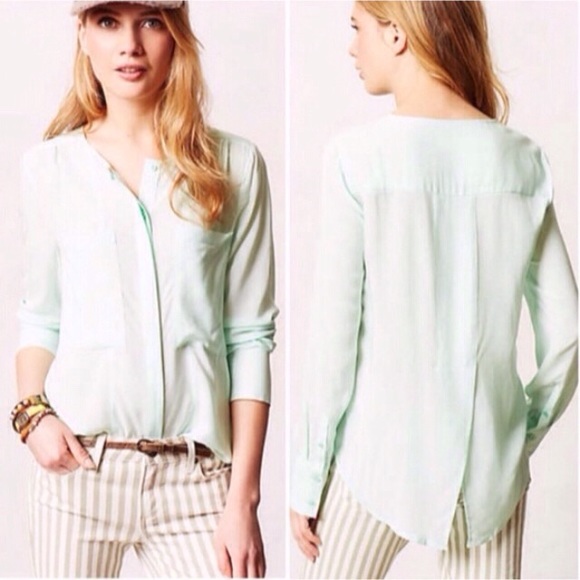 Anthropologie Tops - Anthropologie Blouse Maeve Clara Mint Green Button Front Split Back Size 0 Chic